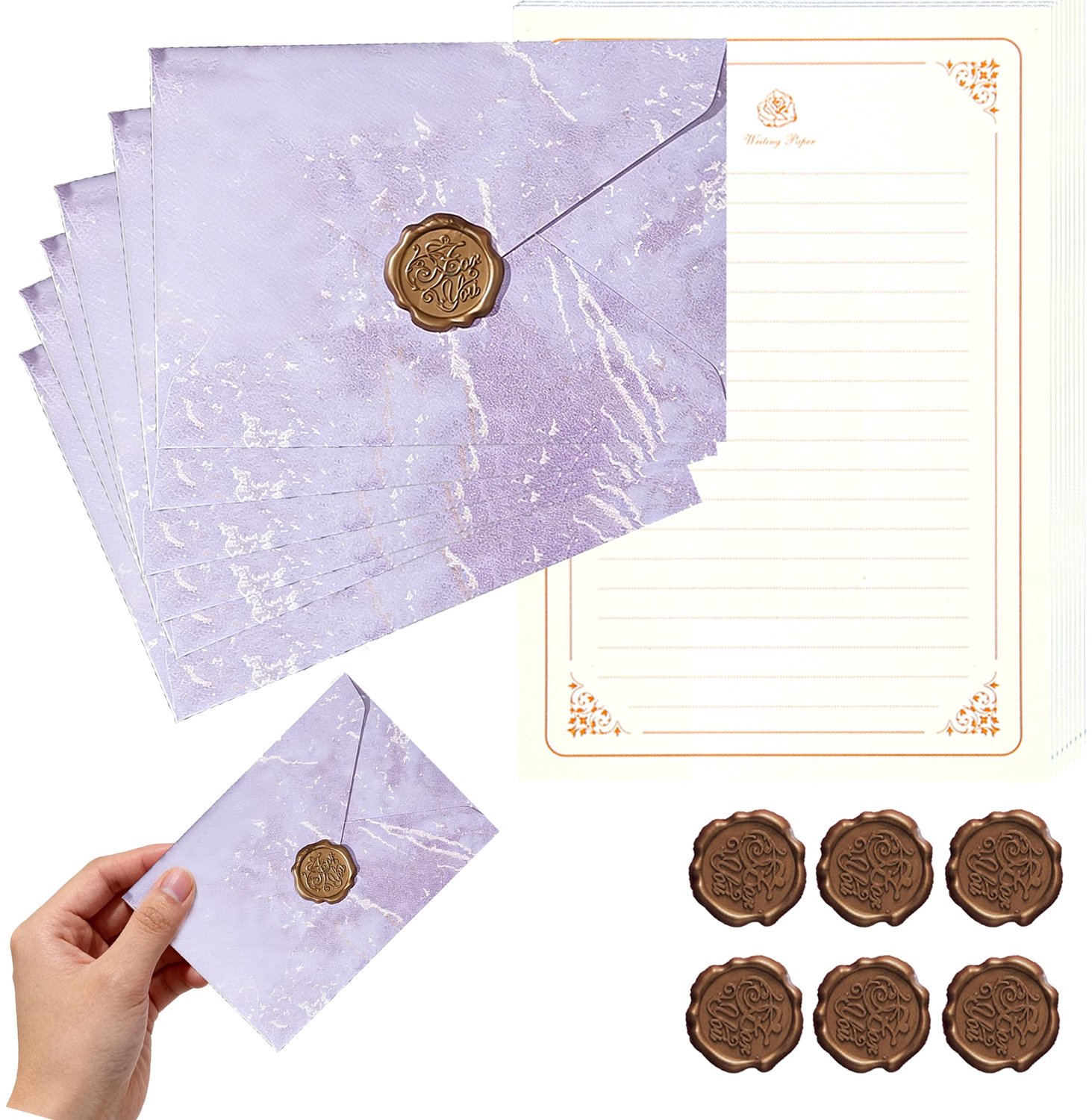 Vintage Briefpapier Set met Paarse Enveloppen en Waszegelstickers