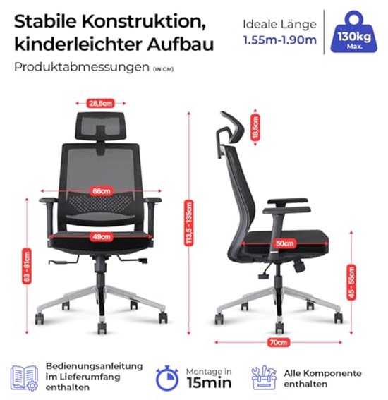 Ergonomische Bureaustoel - Hoogte verstelbaar met mesh rugleuning en verstelbare hoofdsteun — afbeelding 2