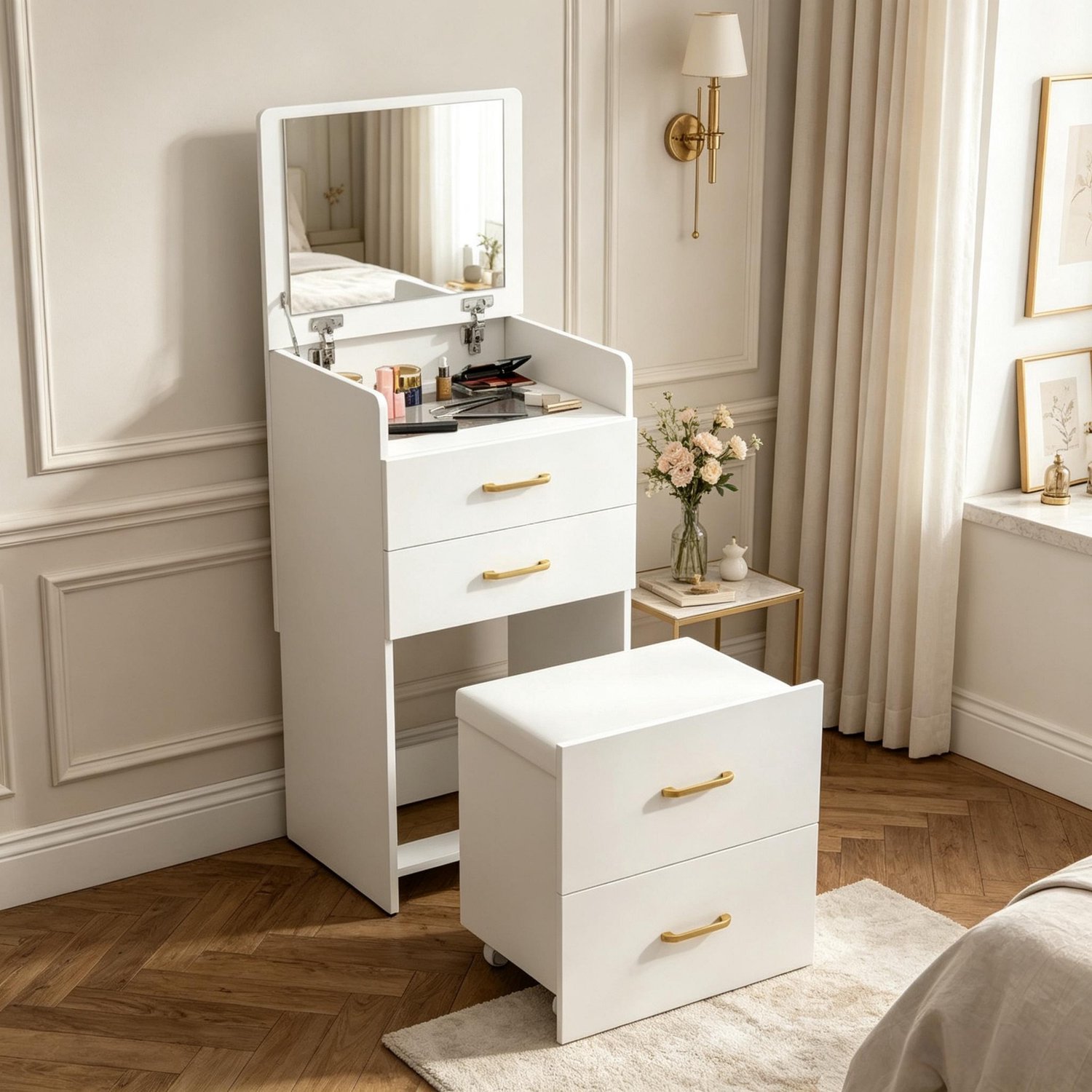 HAUSS SPOLE Kaptafel - Opklapbare Spiegel En Glazen Tafelblad - Met Gestoffeerde Kruk Voor De Slaapkamer - MDF En Glas - 48x40x90 Cm - Wit