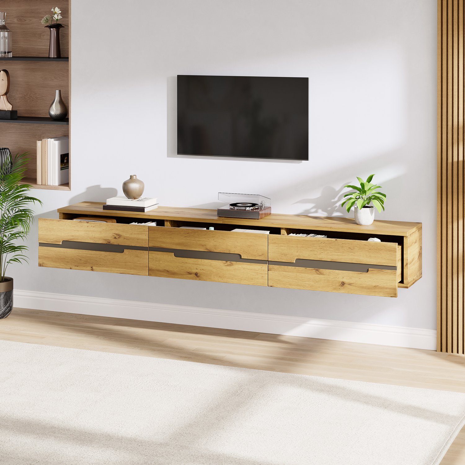 MIVRAY Tv-Meubel - Zwevend Met 3 Laden En Verborgen Grepen - Voor Woonkamer En Tv's Tot 65 Inch - Mdf En Spaanplaat - 160x30x25,5 Cm - Natuurkleur Naturel houtkleur