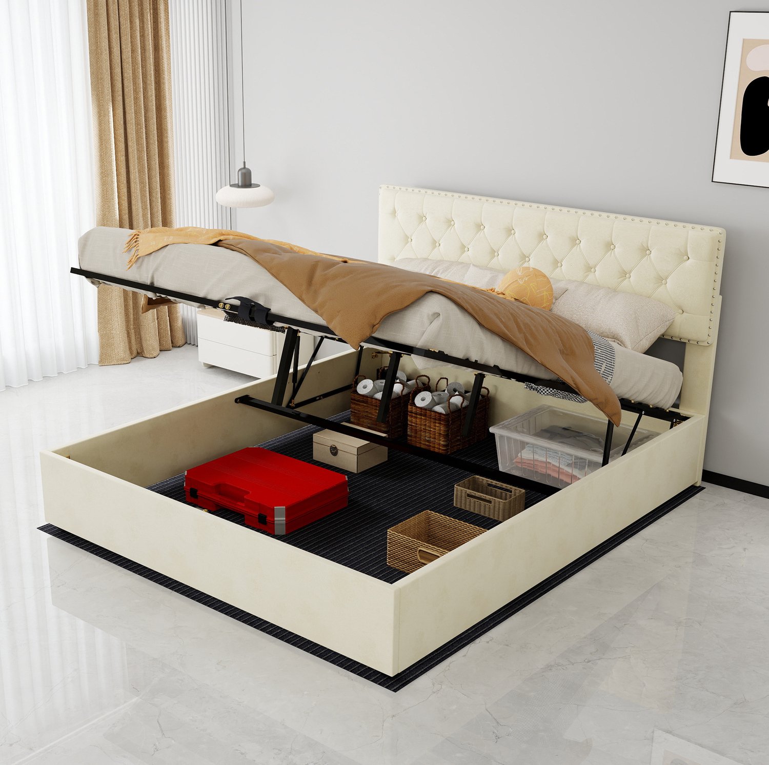 MEUNIQ Tweepersoonsbed 160 x 200 cm, beige gestoffeerd bed met hoog hoofdbord, lattenbodem en opbergruimte, inclusief matras, voor de slaapkamer