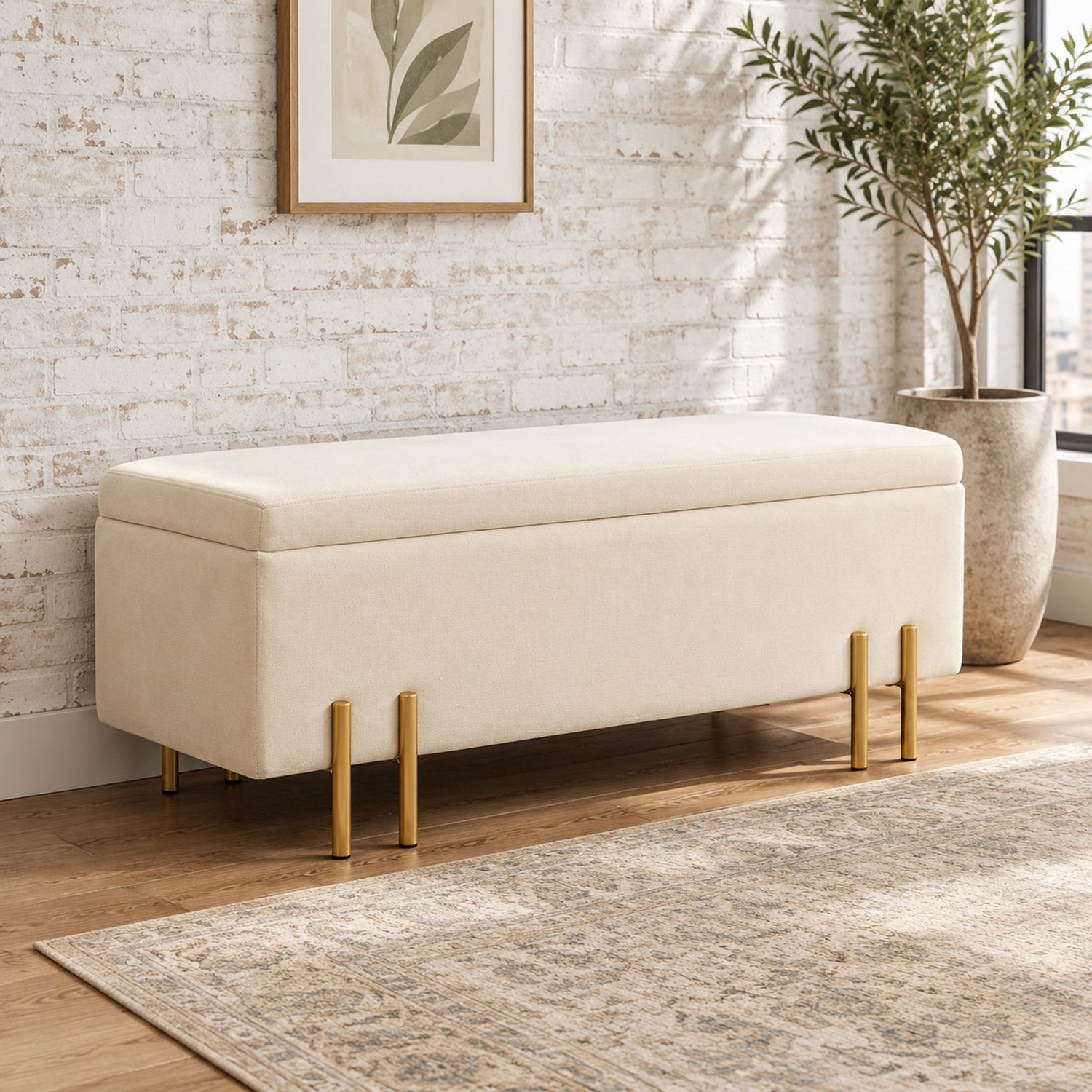 Opbergbank - Gestoffeerd Bankje Met Opbergruimte - Voor Hal, Woonkamer En Slaapkamer - Polyester, Hout En Metaal - Beige - 100 x 40 x 42 cm