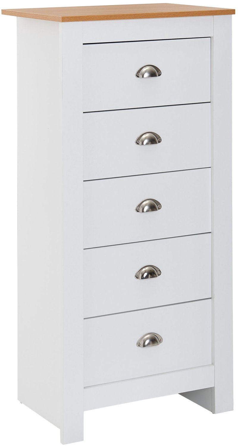 Cosmo Casa Ladekast met 5 Lades – Smalle Opbergkast - Eikenlook Bovenblad – Wit - 53 x 39 x 114 cm Zie omschrijving