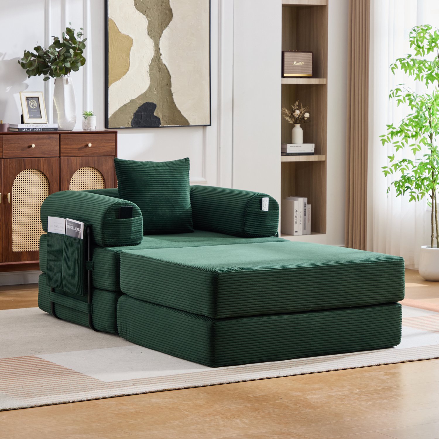 MEUNIQ Uitklapbare fauteuil van groene ribstof met metalen frame, dikke schuimvulling, armleuningen, zijvak en bijpassend kussen voor de woonkamer Smaragdgroen