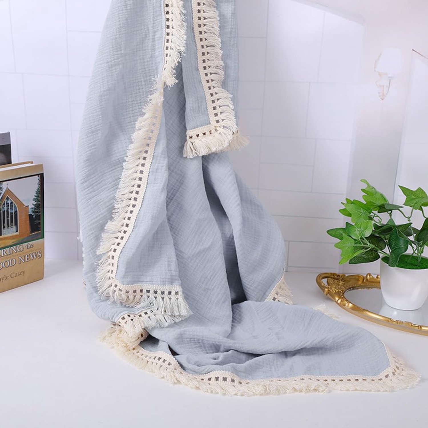 Katoenen Mousseline Babydeken met Franjes - Slaap- en Kruipdeken - Grijsblauw - 80x65cm