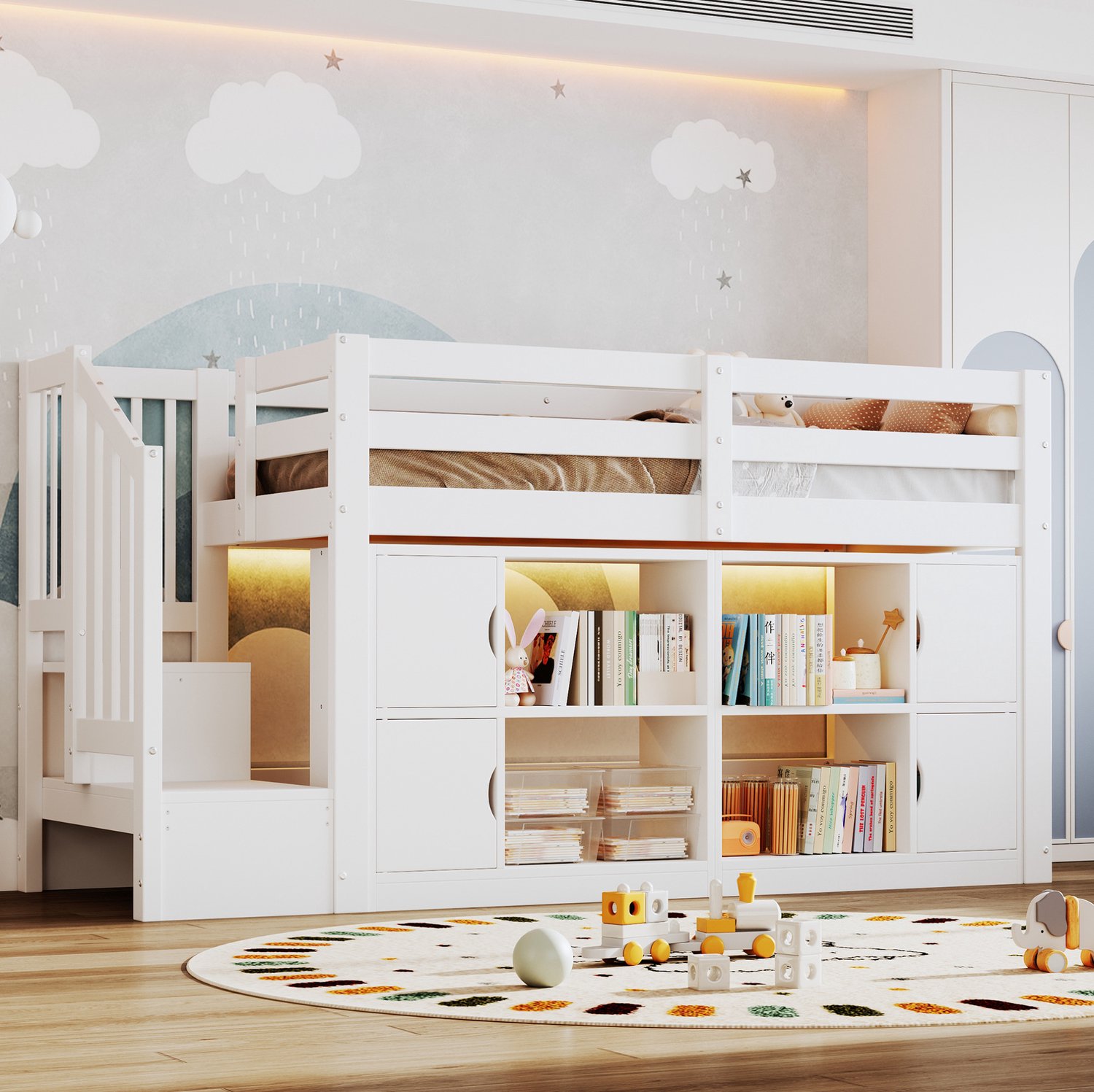 HAUSS SPOLE Hoogslaper 90x200 cm - Bed met Opbergtrap en Boekenkast - Met Kasten en Ledverlichting - Zonder matras - Hout en MDF - Wit