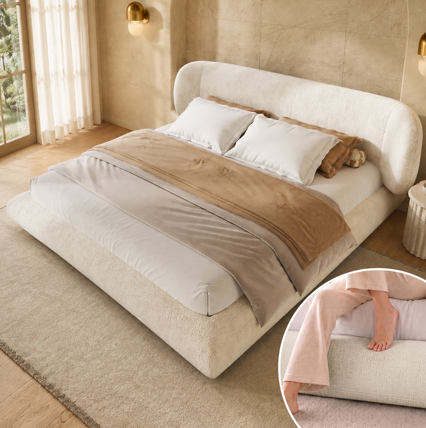 HAUSS SPOLE Gestoffeerd Bed 140x200 cm - Tweepersoonsbed met Hoofdbord en Lattenbodem - Zachte Chenille en Ronde Hoeken - Zonder Matras - Beige