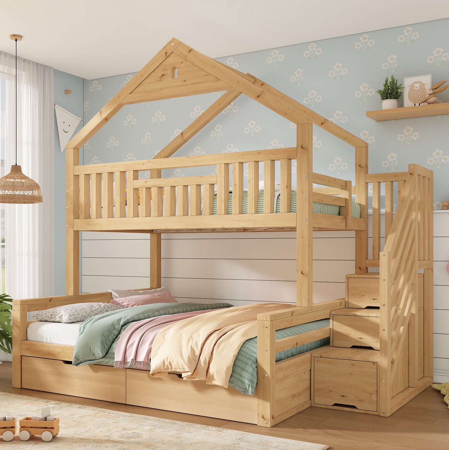 Wishdor Stapelbed 90x200 en 140x200 cm - Kinderbed met zadeldak en trapkast - Twee lades en uitvalbeveiliging - Huisbed voor de kinderkamer - Hout, multiplex en MDF - Eikenkleur