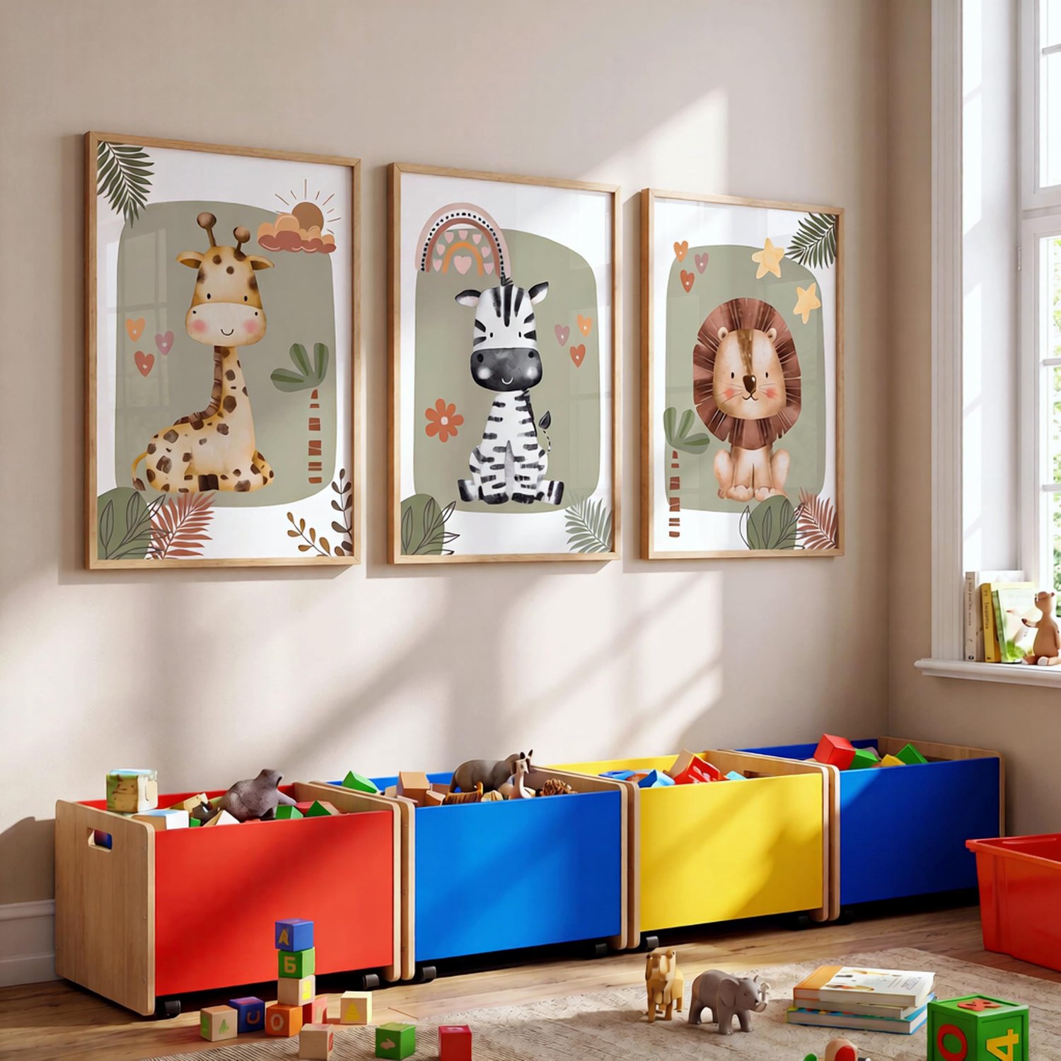 Set van 3 Wandposters met Safari Dieren voor Kinderkamer