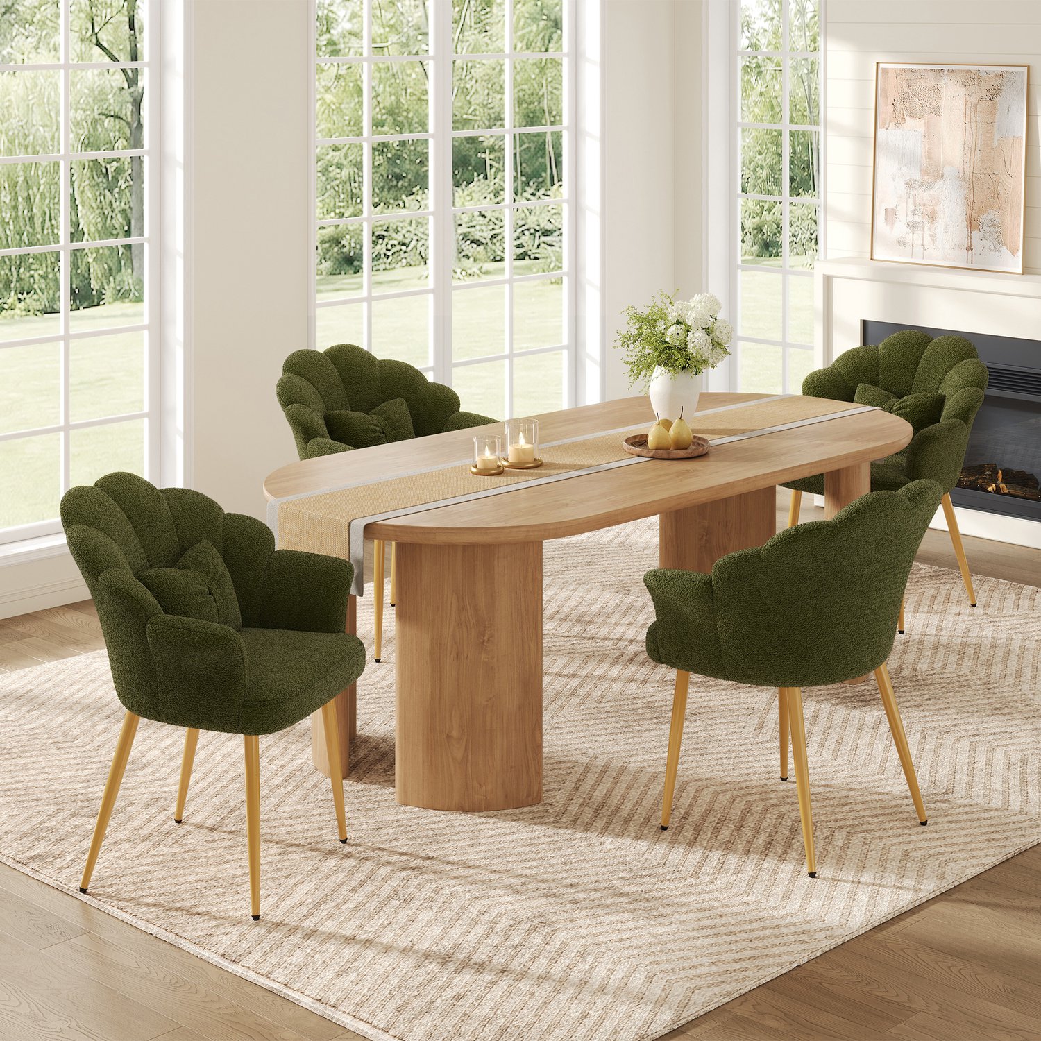 HAUSS SPOLE Eetkamerstoelen - Set van 4 - Met Armleuningen en Bloemvormige Rugleuning - Voor Eetkamer en Slaapkamer - Teddystof - Groen