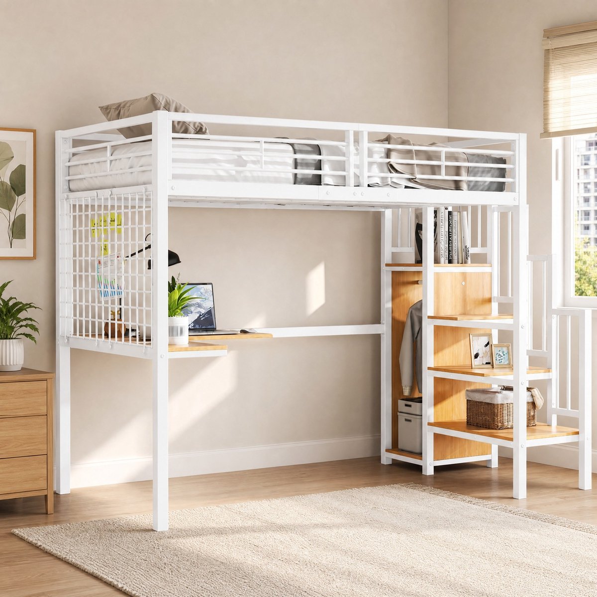 COVREO Hoogslaper met bureau en kast – 90x200 cm – Slaapmeubel voor kinderen – 254x95x170 cm – Wit naturel - zonder matras