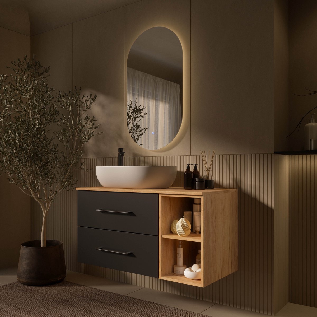 Planetmöbel LUX - Badkamermeubelset 100 cm - Goud eiken en antraciet - Met witte opzetwastafel 60 cm - Met LED-spiegel