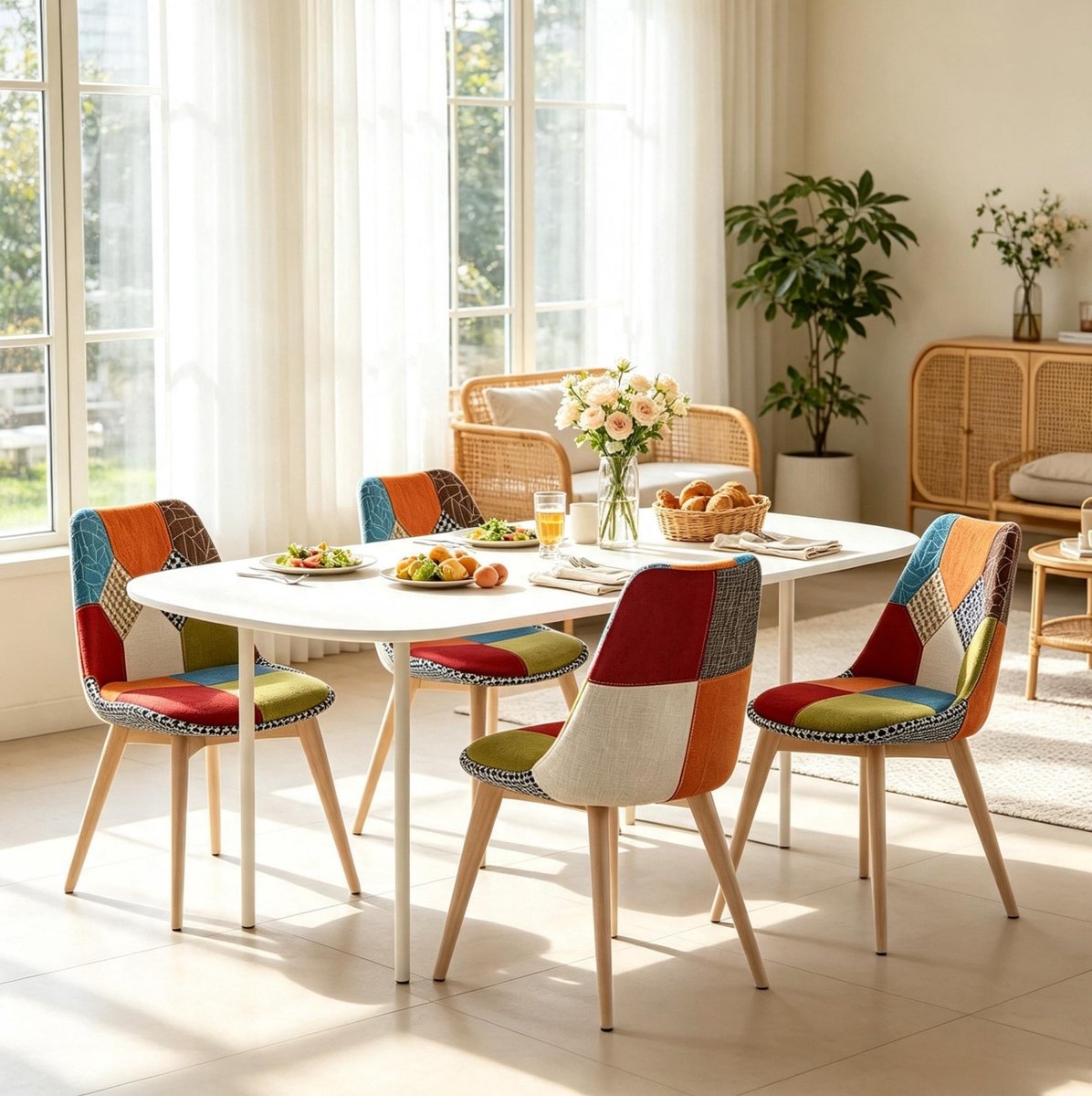 HAUSS SPOLE Set Van 4 Moderne Eetkamerstoelen - Patchwork Design Met Comfortabele Zitting En Stevige Houten Poten - Voor Eetkamer En Keuken - Multicolor Meerkleurig