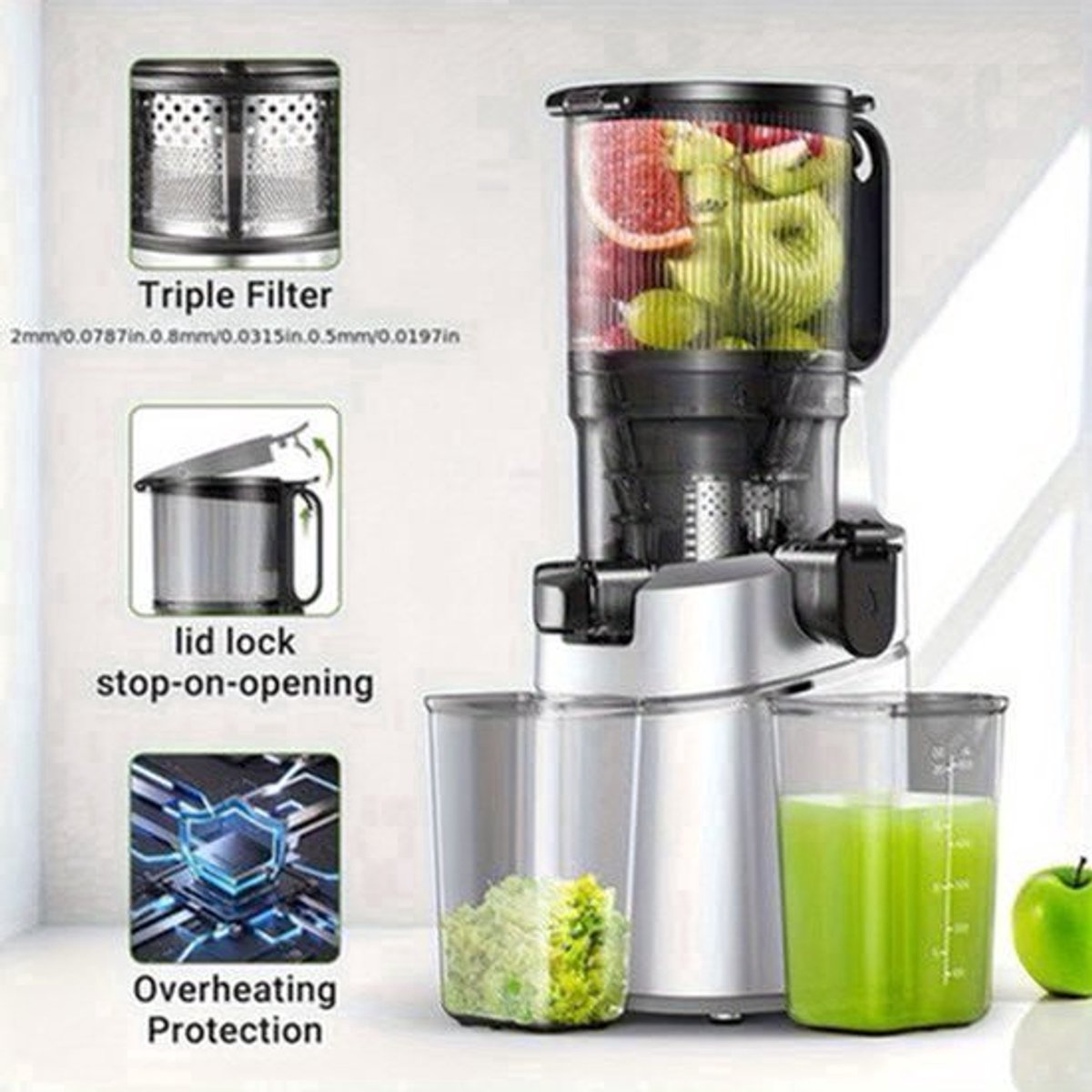Slowjuicer – Juicer – Sapcentrifuge – Sapmaker – Slow Extractor – 13,5 Cm Voederopening – 1,8 Liter Opvangcapaciteit - Zwart