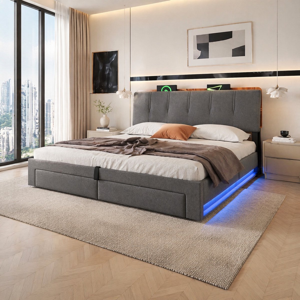 COVREO Bed met hydraulische opbergruimte en USB-C – 217x182x107 cm – Tweepersoons bed van stof – met LED verlichting – Grijs - zonder matras