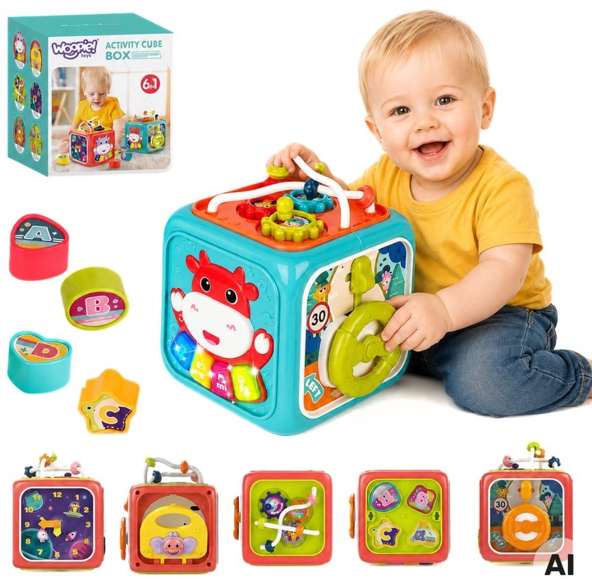 Woopie Baby Interactieve Sensorische Kubus Educatieve Montessori Sorter 6-in-1 - UNI
