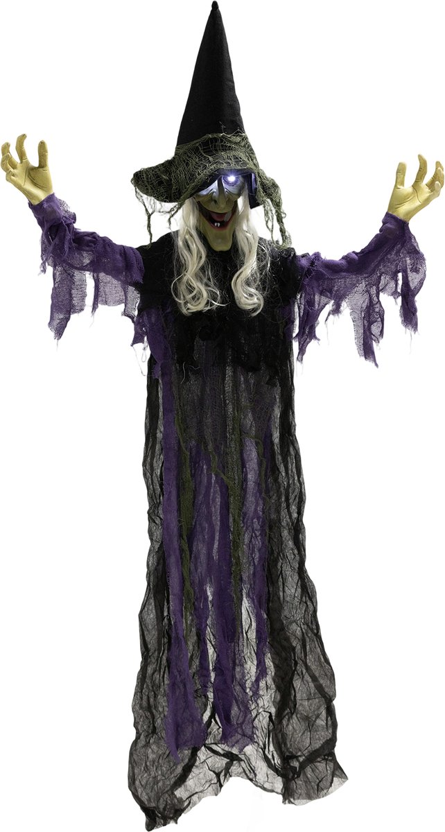 Grote Hangende Halloween Heks Decoratie - LED-Verlichting - Geluidsfunctie - Verstelbare Armen - 183 cm Hoog - Bewegende Mond