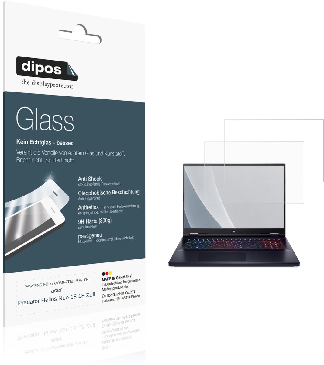 dipos – 2x Matte Pantserfolie geschikt voor acer Predator Helios Neo 18 18 Zoll | 9H Screenprotector