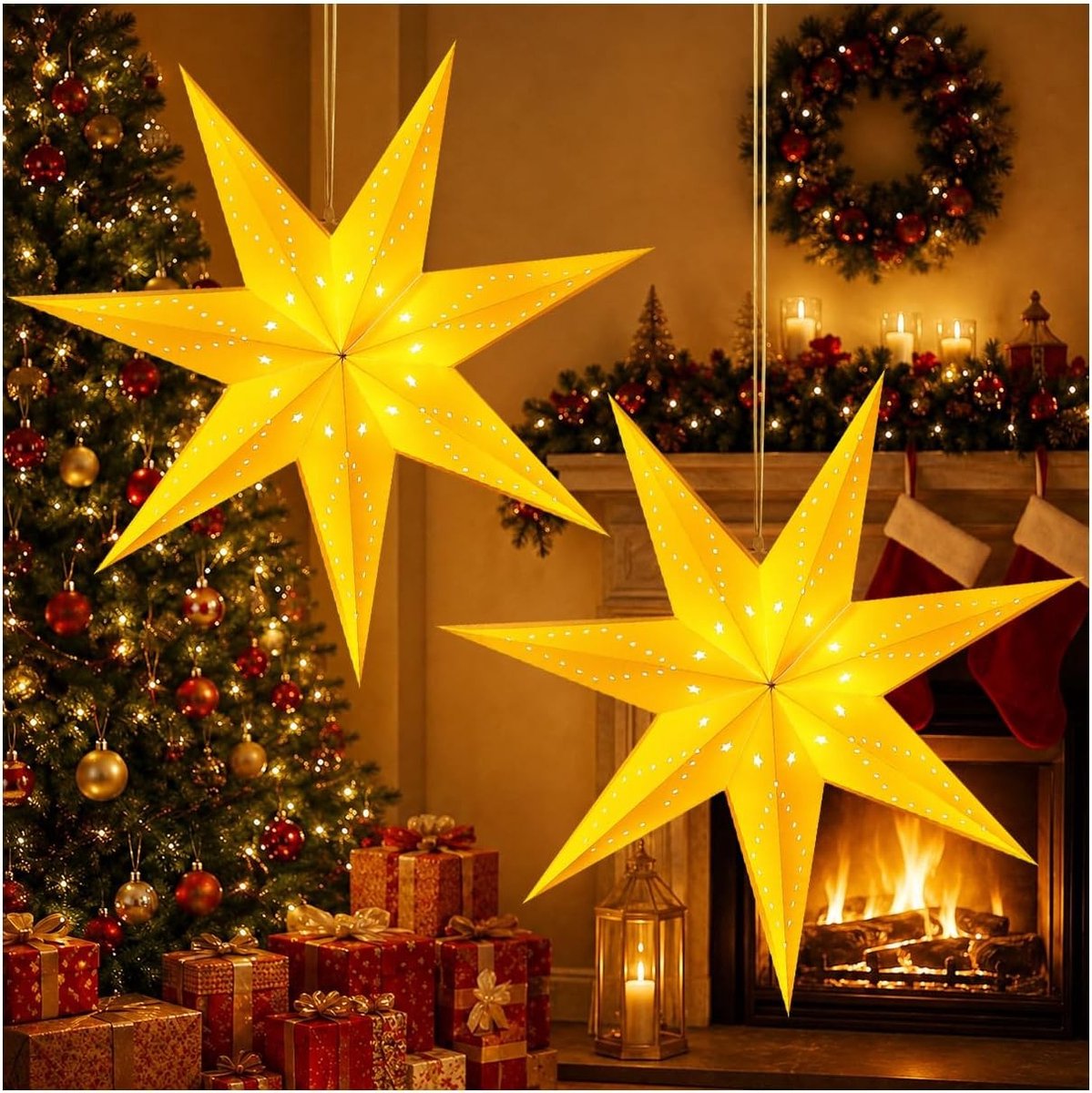Kerstster lampenkap set van 2, opvouwbare 3D kerstverlichting voor sfeervolle kerstdecoratie binnen en buiten