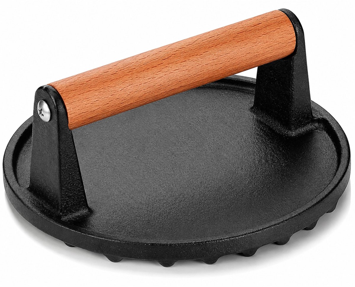Kaiyaya - 17,5 cm burgerpers - stevig gietijzer - comfortabel houten handvat - voor smash burgers, BBQ en grill