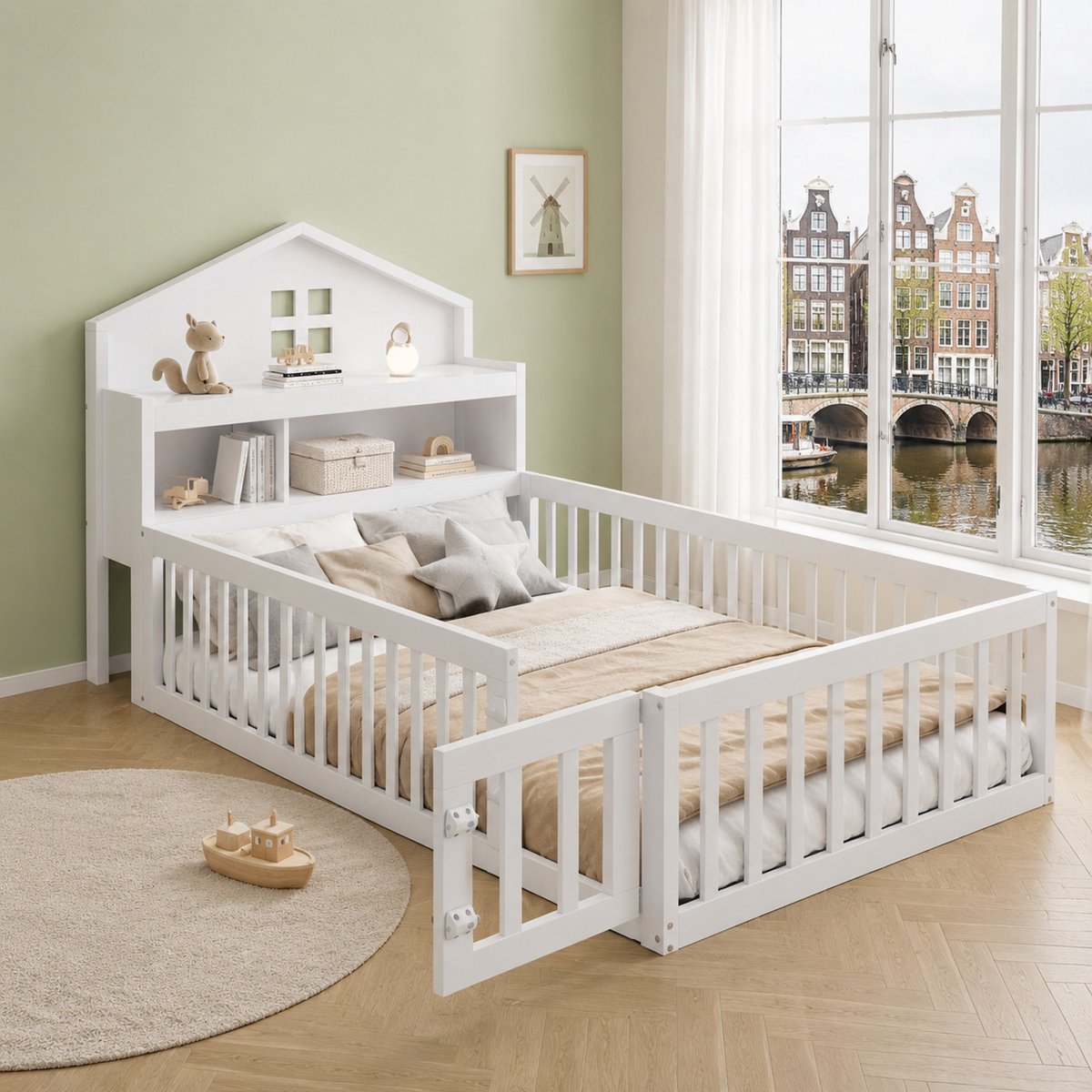 WUVRIE Kinderbed 90x200 cm Wit - Bedhuis met opbergruimte, beschermende reling, kleine deur en lattenbodem