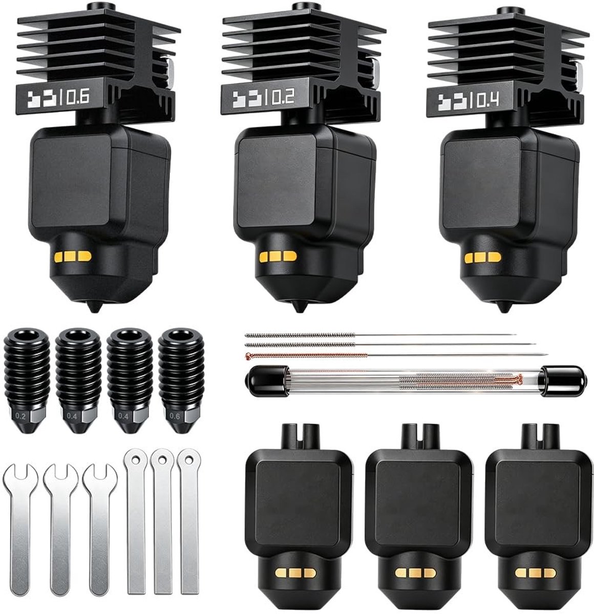 Pack van 3 metalen hotends voor 3D printers, 0.3 mm, 0.5 mm en 0.8 mm, inclusief siliconen hoes voor optimale printresultaten en duurzaamheid
