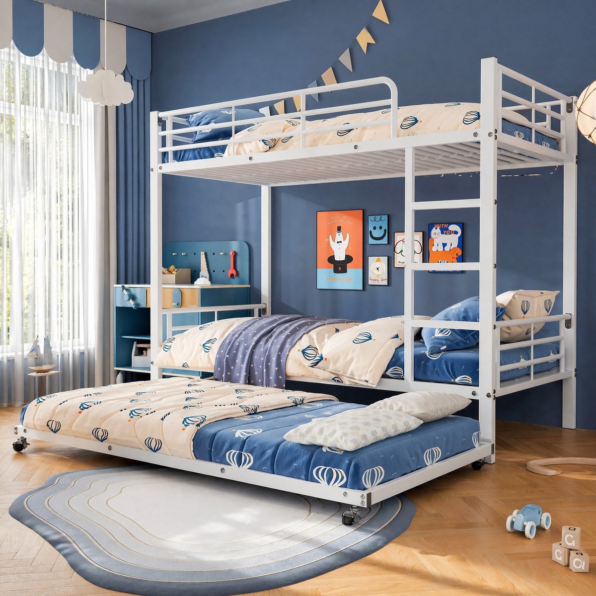 COVREO Stapelbed met uitschuifbed – 204x95x160 cm – Metalen kinderbed met rechte ladder – slaapplaats voor 3 personen – Wit - zonder matras