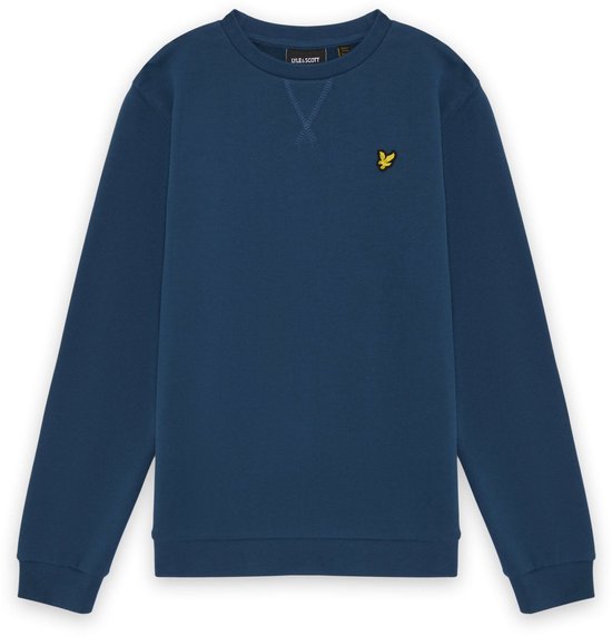 Donkerblauwe Lyle & Scott sweater met geborduurd geel logo op de borst.