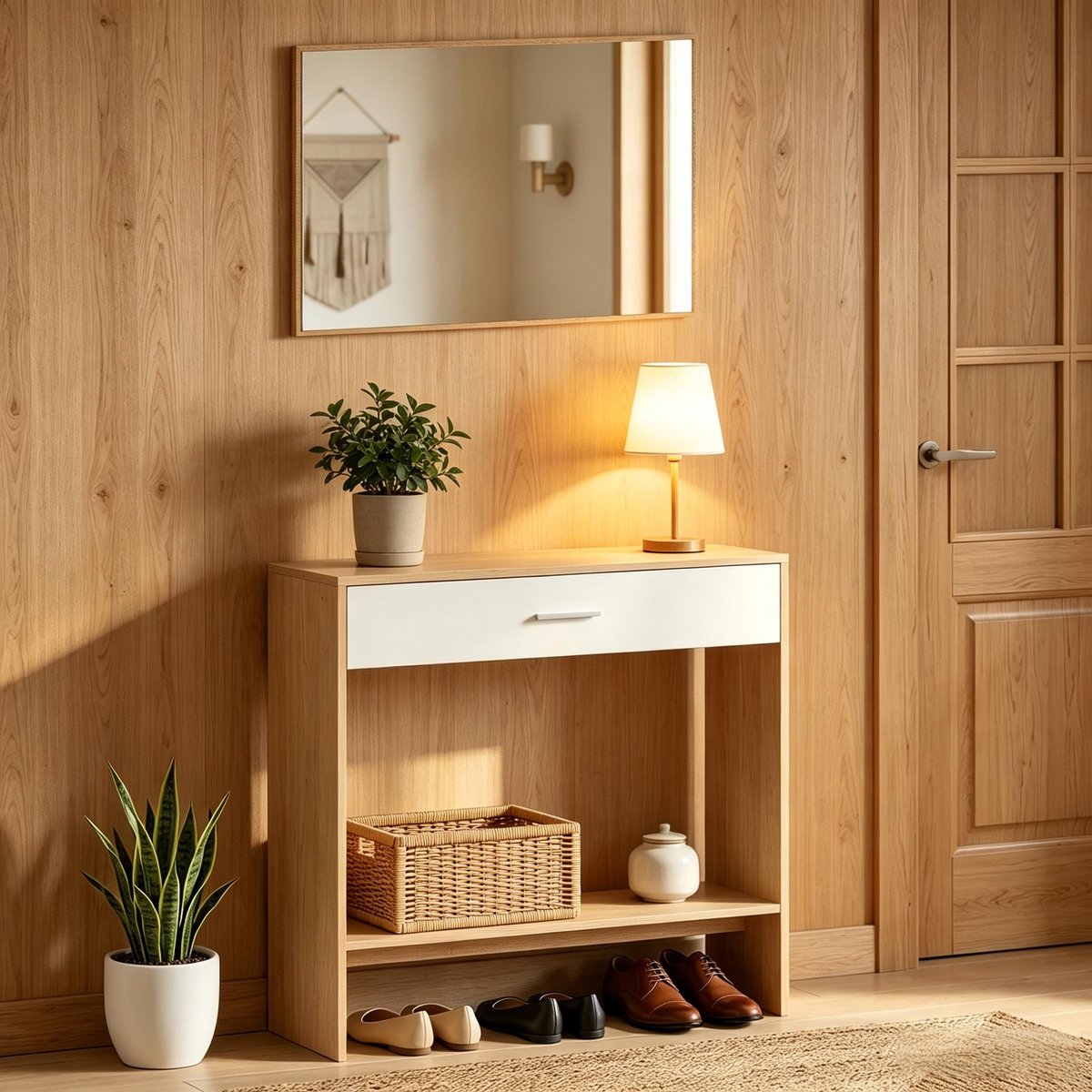 HAUSS SPOLE Sidetable - Hal Organizer Met Spiegel En Lade - Voor Entree En Kaptafel - Hout En Wit - 91,5 X 27,9 X 85,5 Cm
