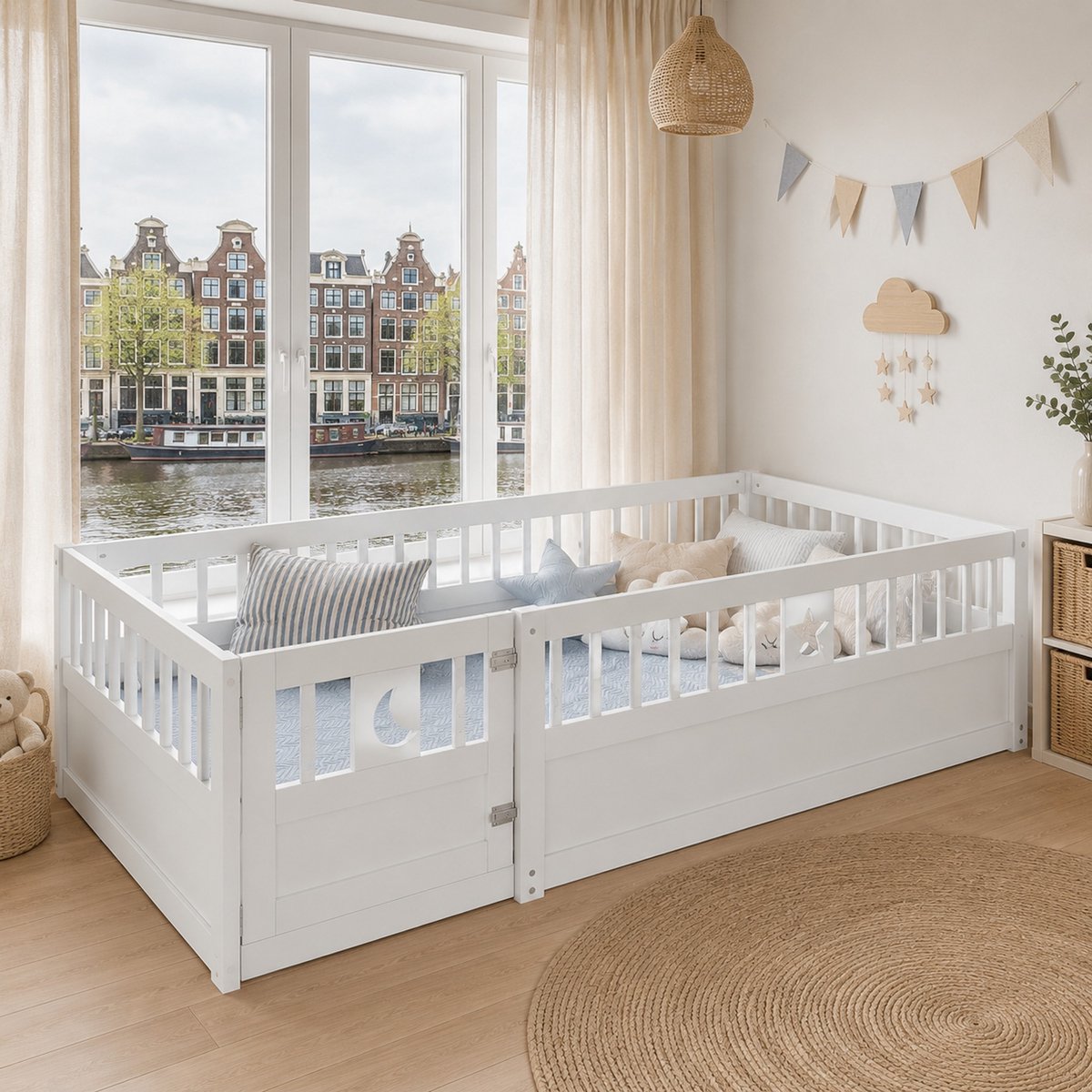 WUVRIE Kinderbed met uitvalbeveiliging 90x190 cm, ster- en maanornamenten, wit