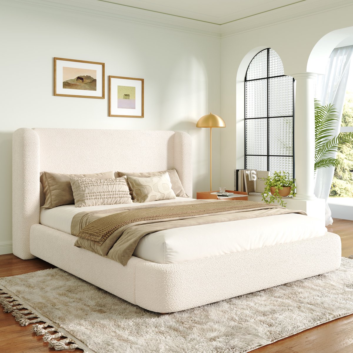 REDOM - Bed - Bouclé bekleding en gepolsterd hoofdeinde - Lattenbodem inbegrepen - Afneembare wasbare hoofdbekleding - Modern minimalistisch - Slaapkamer - Stof en metaal - Beige - 218,5 x 209 x 100,5 cm