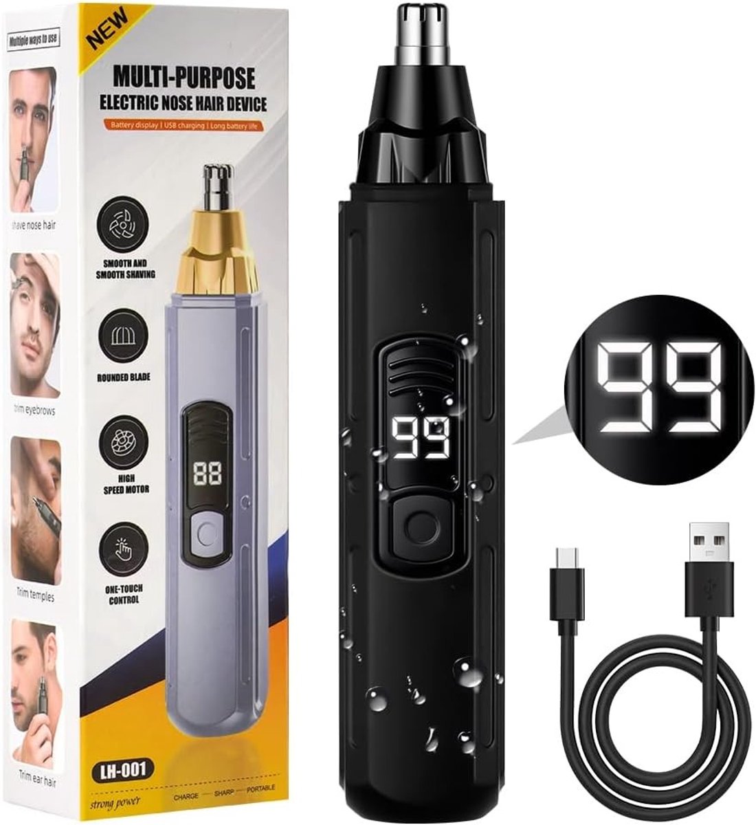 Neushaartrimmer - Platte Zwarte Versie - USB Oplaadbare Neus- en Oorhaartrimmer met LCD-scherm - Voor Mannen en Vrouwen