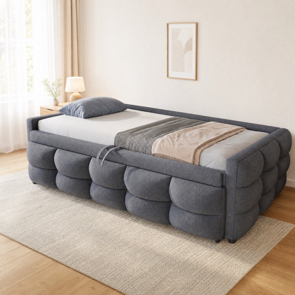 COVREO Uitschuifbare slaapbank – 90/180x190 cm – Bedbank met lattenbodem – voor kleine ruimtes en gasten – Grijs - zonder matras