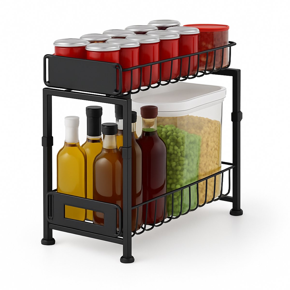 Ibenzoa ® Onderkast organizer - 2 etages - Keukenrek - Metalen lade - Zwart - 29 x 37,5 x 41-49 cm