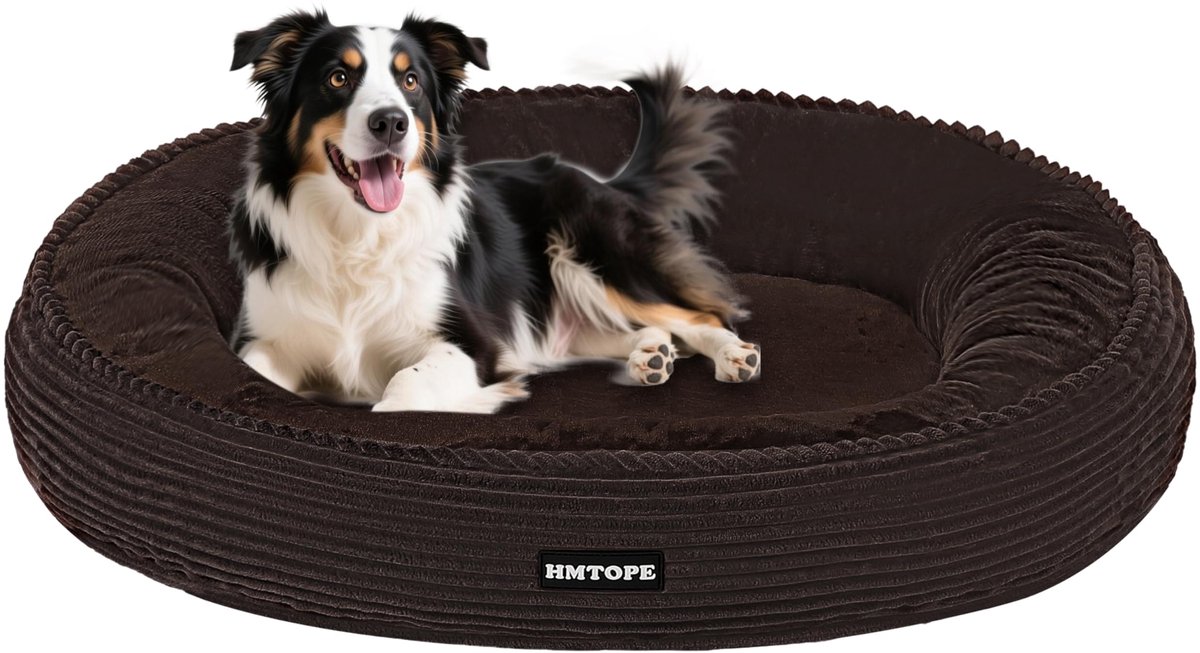 Ibenzoa ® Donut hondenbed - Hondenkussen - Ø 80 cm - Bruin - Corduroy randen - Afneembare hoes - Antislip