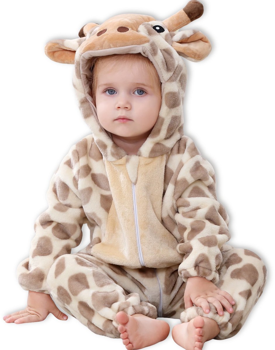 BoefieBoef Dieren Baby Onesie Giraffe Peuter Pyjama Kinderen 6 maanden tot 2 jaar – Verkleedkleding met Luierrits – Carnaval Dierenpak - Verjaardag- en Kraamcadeau – Flanel - Romper - Boxpak - Jongens - Meisjes - Kruippak - Giraf Bruin — afbeelding 8