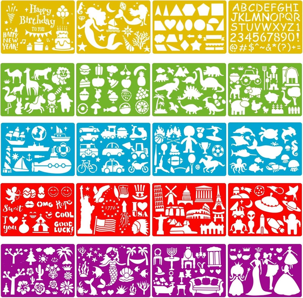 Set van 20 Kleurrijke Teken Sjablonen voor Kinderen, 300+ Motieven met Letters, Dieren en Dinosaurussen voor Babyshowers en Kleuteronderwijs