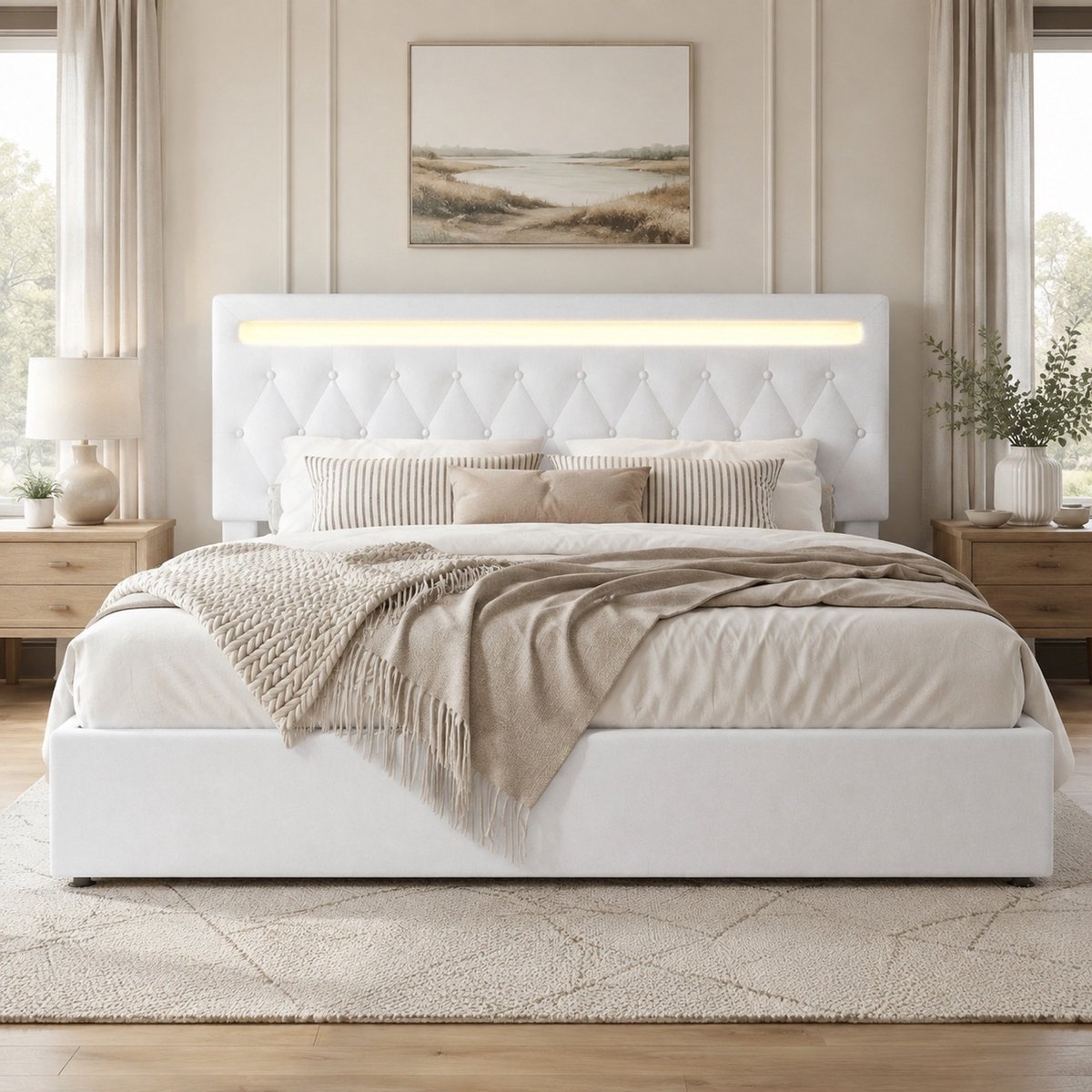 COVREO Bed met opbergruimte – 180x200 cm – Bedframe met LED en USB-C – Tweepersoons voor slaapkamer – Wit - zonder matras