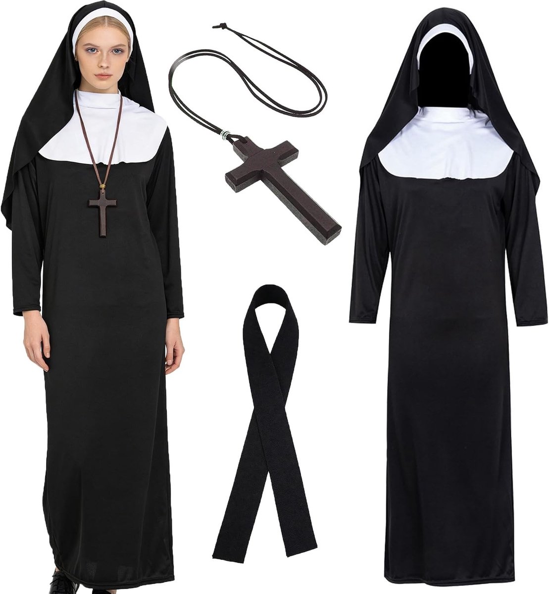 Zwart Nonnen Kostuum voor Dames met Hoofddoek, Ceintuur en Kruis - Perfect voor Halloween en Carnaval