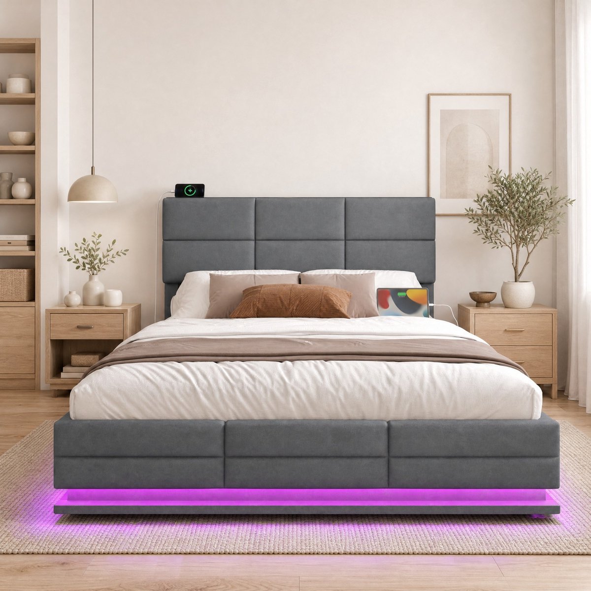 COVREO Bed met verstelbaar hoofdbord – 160x200 cm – Velours bed met LED – Tweepersoonsbed met USB-C – Donkergrijs - zonder matras