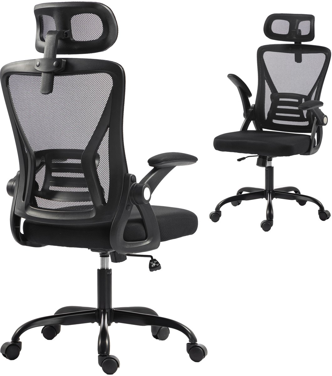 Ergonomische bureaustoel - Verstelbare hoogte - Opklapbare armleuningen - Hoofdsteun - Kantelfunctie - 59x62x125cm, zwart