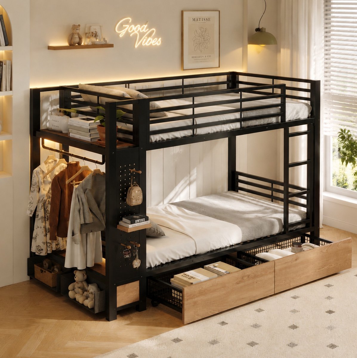 Stapelbed 90 x 200 cm Met matras - Met 4 Lades En Opbergruimte - Met Led Verlichting En Kledingstang - Metaal En Mdf - Zwart