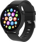 Zwarte smartwatch met ronde wijzerplaat en veelkleurige app-iconen. Zwarte siliconen band.