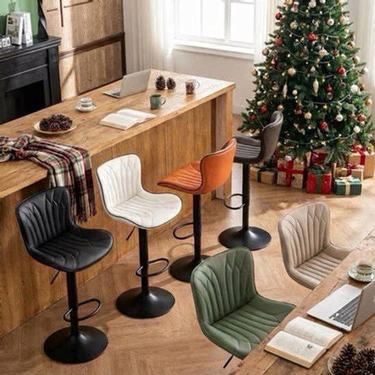 Barkrukken – Barstoelen – Krukken – Keukenstoelen – Barkruk Set 2 Stuks – Verstelbaar & Draaibaar – PU Leder & Mat Zwart Metaal