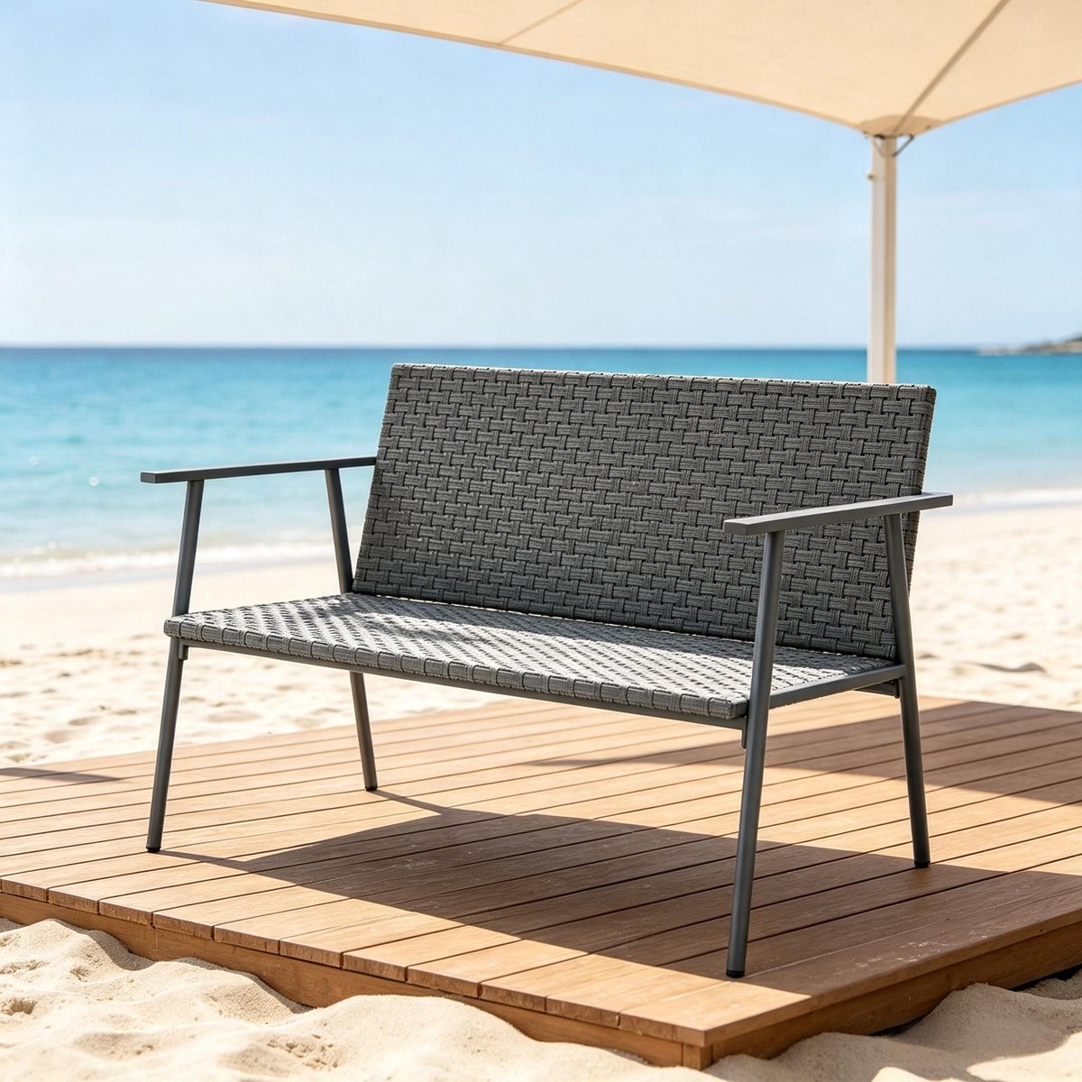 REDOM - Tuinbank - 2-zits - Gevlochten harszitting - Verstelbare poten - Modern minimalistisch - Terras, tuin of balkon - Geweven hars en verzinkt staal - Grijs, donkergrijs - 110 x 58 x 78 cm
