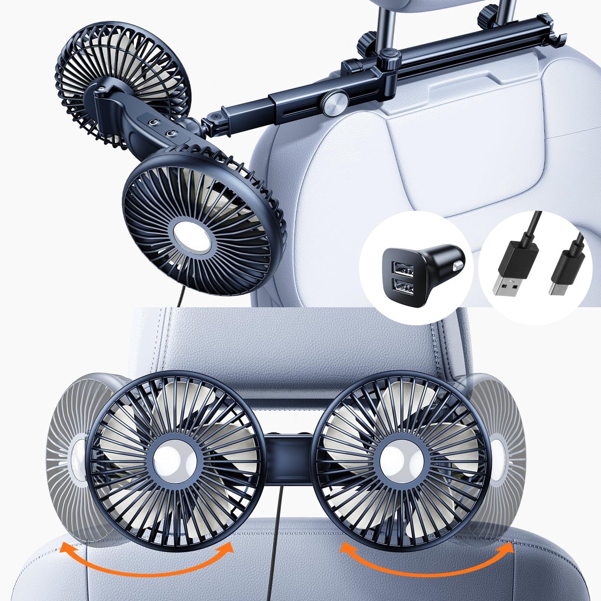 Nauttxon Autoventilator voor achterbank kinderen met intrekbare lange arm, [wordt geleverd met autolader] 360 graden - ShopVlot