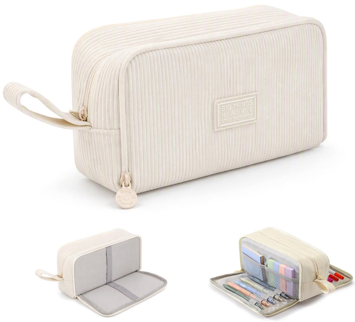 DEARBAG Pennenetui van corduroy, 3 vakken, grote capaciteit, beige, Klassieker - ShopVlot