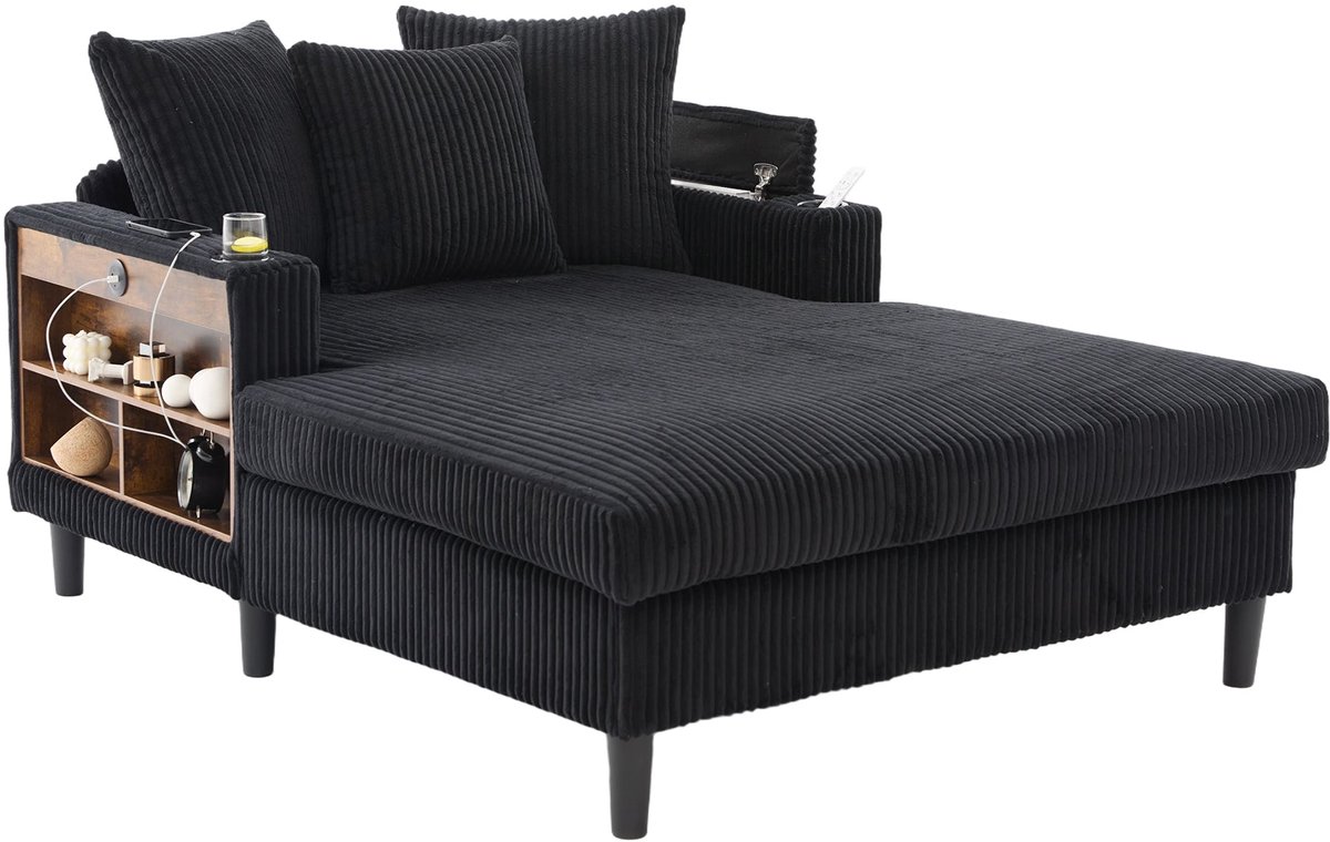 Merax Chaiselongue Zwart - Grote Ribstof Loungefauteuil met LED-Verlichting - USB-Laadfunctie - Bekerhouders - Opbergruimte en 3 Kussens