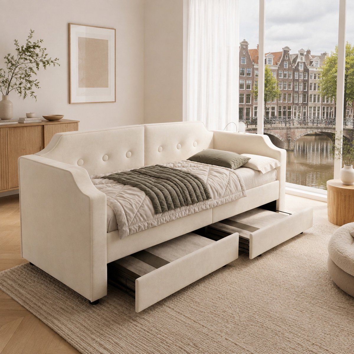 WUVRIE Slaapbank 90x200 cm met USB Type-C en leeslamp - Sofabed met 2 opberglades, beige stof, zonder matras