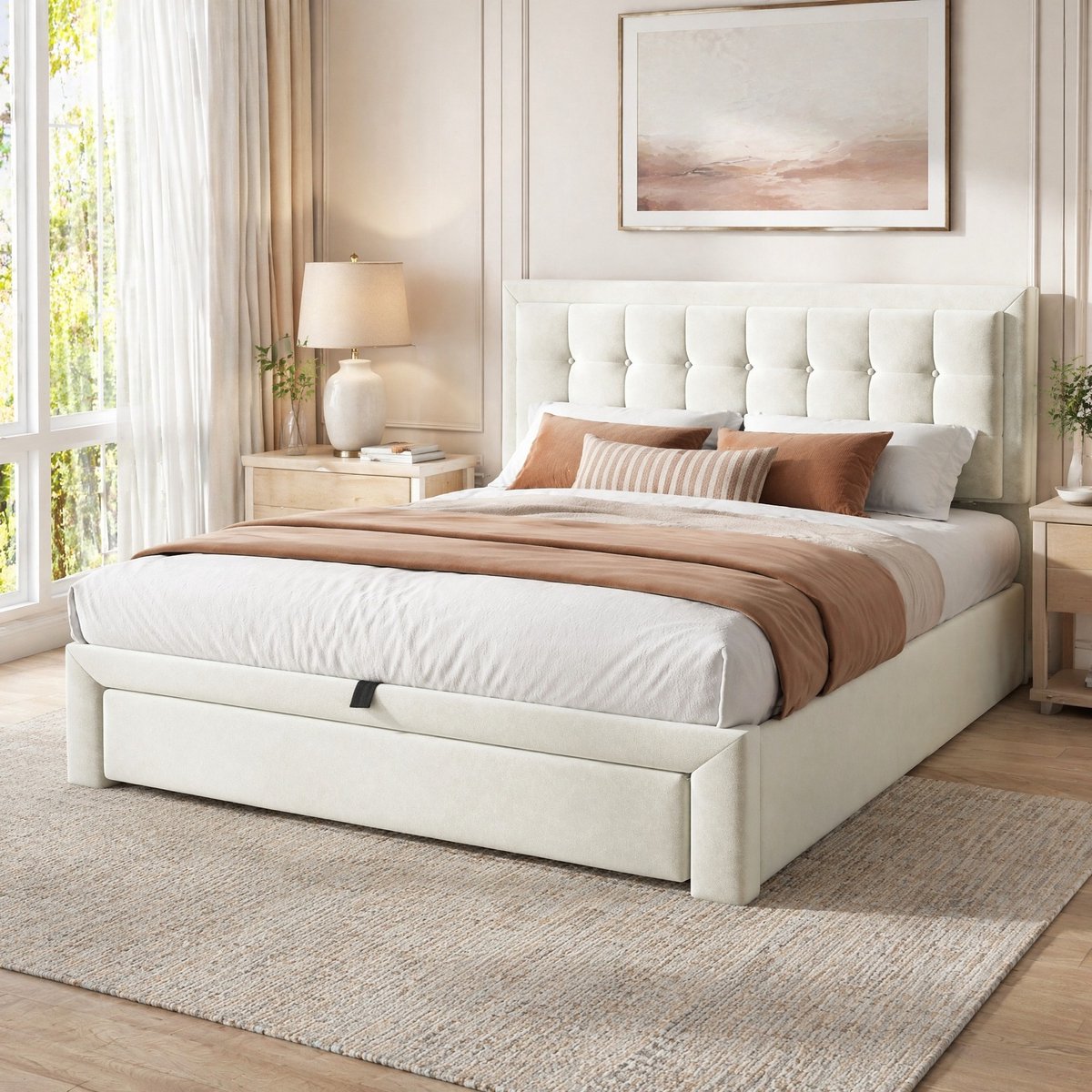 COVREO Opbergbed met 2 lades – 140x190 cm – Tweepersoonsbed met lattenbodem – Gestoffeerd frame met verstelbaar hoofdbord – Beige - zonder matras